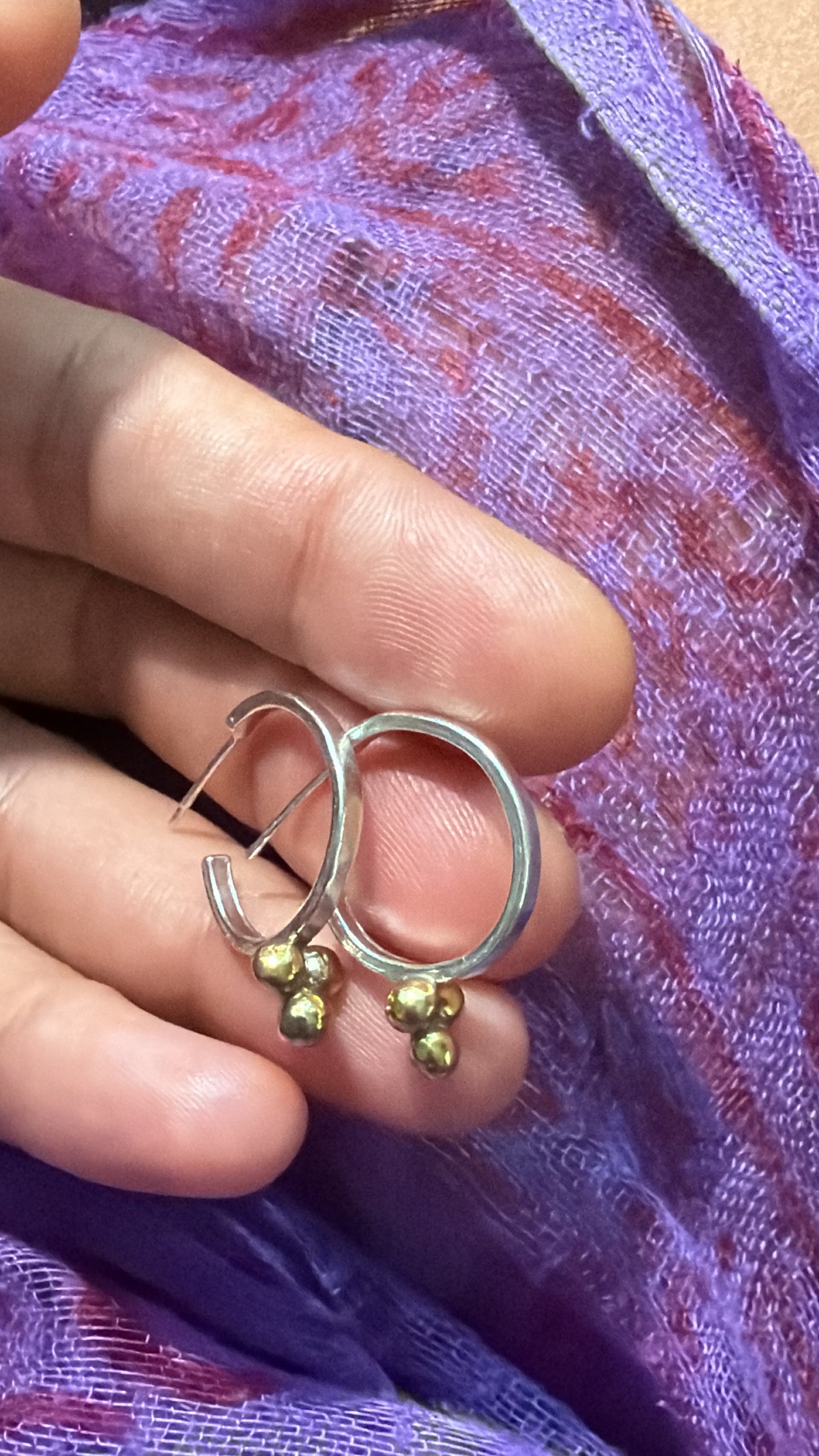 Brass Ball Drop Silver Hoops