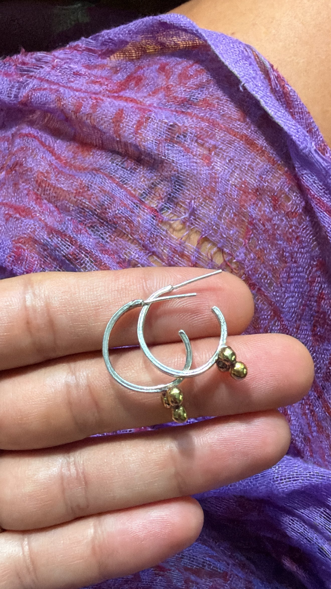 Brass Ball Drop Silver Hoops